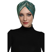 ELYSIANfidan Pliseli Varaklı Astarlı Yeşil Hazır Türban Tesettür Abiye Bone