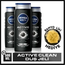 Nıvea Men Active Clean Duş Jeli,vücut,yüz ve Saç Şampuanı 3X500ML + Banyo Lifi