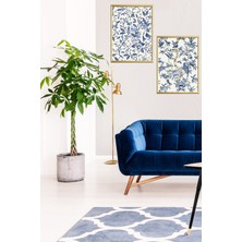 Linacci Ikili Gold Alüminyum Metal Çerçeveli Camlı Blue Blanc Desenli Mavi Renkli Poster Tablo Seti