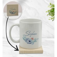 Bk Gift Kişiye Özel Çiçek Tasarımlı Beyaz Kupa Bardak ve Ahşap Bardak Altlığı Hediye Seti - Model 24