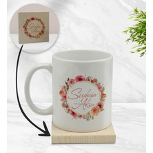 Bk Gift Kişiye Özel Çiçek Tasarımlı Beyaz Kupa Bardak ve Ahşap Bardak Altlığı Hediye Seti - Model 12