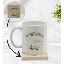Bk Gift Kişiye Özel Çiçek Tasarımlı Beyaz Kupa Bardak ve Ahşap Bardak Altlığı Hediye Seti - Model 9