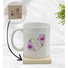 Bk Gift Kişiye Özel Çiçek Tasarımlı Beyaz Kupa Bardak ve Ahşap Bardak Altlığı Hediye Seti - Model 3