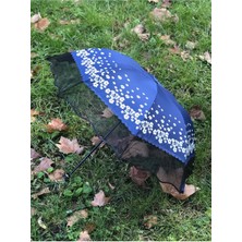 Rüzgarda Kırılmayan Kenarı Tüllü Papatya Desenli Mavi Kadın Şemsiye