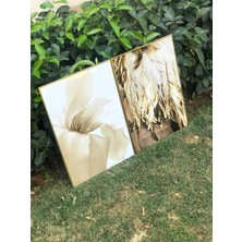 Linacci Ikili Alüminyum Camlı Gold Metal Çerçeveli Poster Krem Renkli Çiçek Tablo Seti