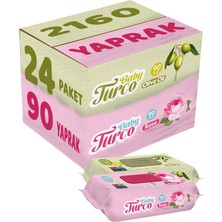 Baby Turco Islak Havlu Mendil 90 Yaprak Karma 24 Lü Set (Gül/zeytinyağı) 2160 Yaprak Plastik Kapaklı