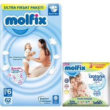 Molfix Bebek Bezi Beden:6 (15+Kg) Extra Large 62 Adet Ultra Fırsat Pk+3 Adet Islak Mendil
