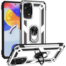 Case Street Casestreet Xiaomi Redmi Note 11 Global Kılıf Vega Sert Silikon Tank Standlı Yüzüklü Mıknatıslı Gümüş