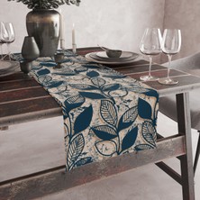 Vagonik Mavi Yaprak Desenli Dijital Baskılı Runner 140X40