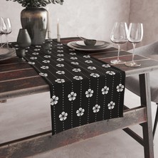 Vagonik Japon Çiçeği Siyah Beyaz Desenli Dijital Baskılı Runner 140X40