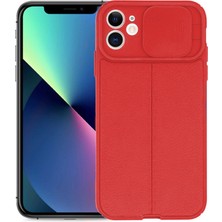 Smcase Apple iPhone 11 Kılıf Kamera Sürgülü Deri Dokulu Mat Silikon Kırmızı