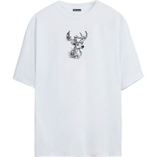 The Wert Ünisex Geyik Baskılı Beyaz Oversize Tshirt