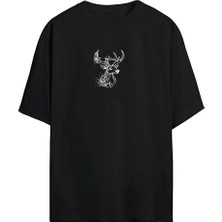 The Wert Ünisex Geyik Baskılı Siyah Oversize Tshirt