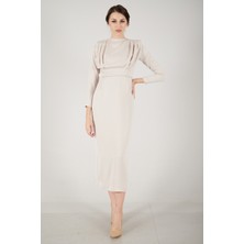 Feminist Bej Üzeri Pilise Detaylı Saten Tesettür Abiye Elbise 6502300.55