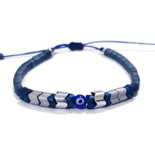 Funny Takı Nazar Boncuklu Gümüş Rengi ve Lacivert Hematit Taşlı Unisex Bileklik