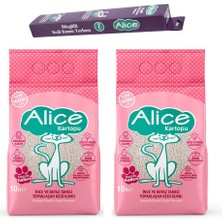 Alice Kartopu Ince ve Beyaz Taneli Pudra Kokulu Kedi Kumu 2X10 Lt.+Alice Büzgülü Kum Kabı Poşeti 7'li