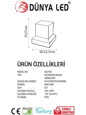 Dünya Led HS.2932 Dış Mekan Bahçe Aydınlatması IP65 Su Geçirmez