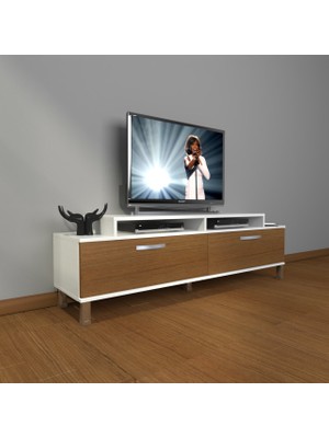 Decoraktiv Ekoflex 4 Slm Krom Ayaklı Tv Ünitesi Tv Sehpası - Beyaz - Ceviz
