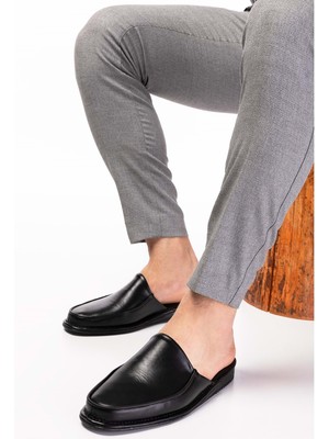 Gondol Erkek Hakiki Deri Damat Ev Terliği KAYAŞ.2200 - Siyah - 44