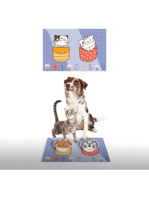 Vagonik Water Food Kedi Köpek Eflatun Ekose Desenli Dijital Baskılı 35X50CM Dekoratif Çok Amaçlı Iç ve Dış Kapı Paspası Mama Paspası