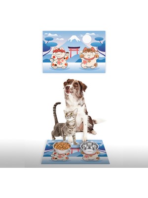 Vagonik Water Food Kedi Köpek Maneki Neko Desenli Dijital Baskılı 35X50CM Dekoratif Çok Amaçlı Iç ve Dış Kapı Paspası Mama Paspası