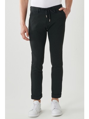ALTINYILDIZ CLASSICS Erkek Siyah Slim Fit Dar Kesim Yan Cep Desenli Beli Bağlamalı Rahat Pantolon