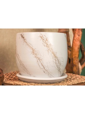 Bitki Tasarımı Ev Dekorasyon  Beyaz Üzeri Gold Tabaklı Terracota Toprak Saksı Saksılık Salon Çiçeklik 19 CM