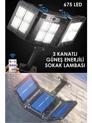 Technojet 675LEDLI Solar Bahçe Aydınlatması Projektör Sokak Lambası Hareket Sensörlü Güneş Enerjili