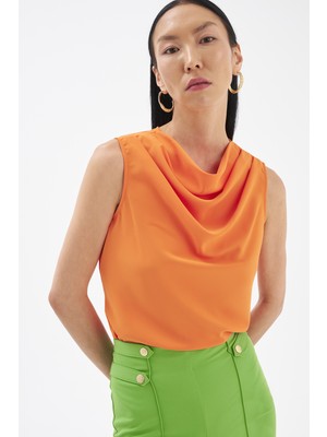 Sateen Degaje Yaka Şifon Bluz - Oranj