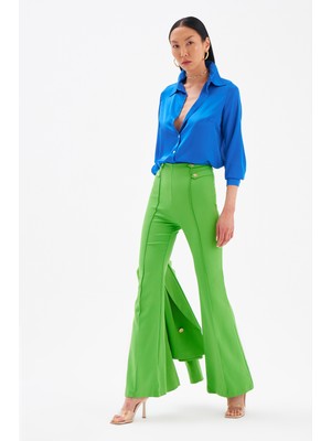 Sateen Ispanyol Paça Krep Pantolon - Yeşil