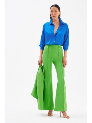 Sateen Ispanyol Paça Krep Pantolon - Yeşil