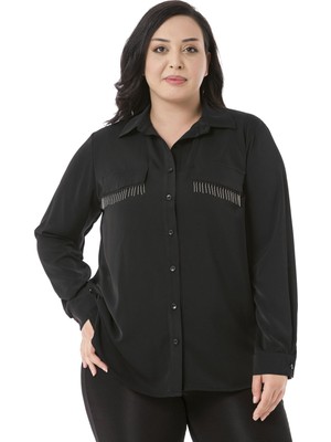 Disentis Modest Büyük Beden Cepleri Zincir Detaylı Yanı Yırtmaçlı Siyah Gömlek