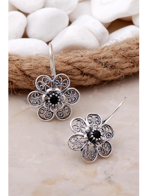 Sümer Telkari Oniks Taşlı Çiçekli Telkari Elişi Gümüş Küpe 5785