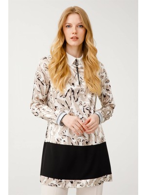 Esswaap Yaprak Desen Baskılı Saten Tunik  Bej