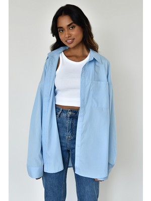 Madmext Mavi Oversize Basic Cepli Poplin Gömlek MG1530