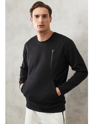 ALTINYILDIZ CLASSICS Erkek Siyah Standart Fit Bisiklet Yaka Fermuar Detaylı Cepli Sweatshirt