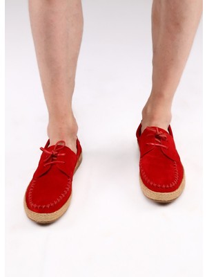 Alban Shoes Alban Bağcıklı Hakiki Deri Hasır Şerit Mantar Taban Klasik Kırmızı Erkek Ayakkabısı