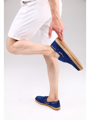 Alban Shoes Alban Bağcıklı Hakiki Deri Hasır Şerit Mantar Taban Klasik Mavi Erkek Ayakkabısı