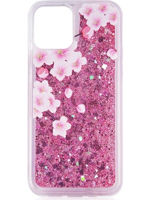 Case 4U Apple iPhone 13 Pro Max Kılıf İçi Sıvı Pullu ve Simli Hareket Eden Çiçek Desenli Marshmelo Silikon Kapak NO4