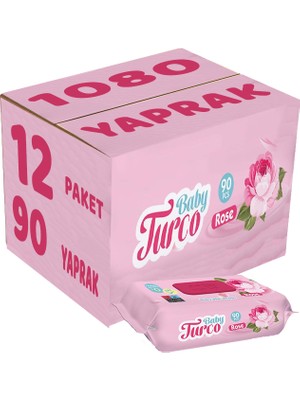 Baby Turco Islak Havlu Mendil 90 Yaprak Gül/rose 12 Li Set 1080 Yaprak Plastik Kapaklı
