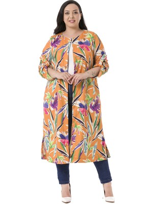 Disentis Modest Büyük Beden Yuvarlak Yaka Katlamalı Kollu Yanları Yırtmaçlı Cepli Astarsız Turuncu Kadın Ceket