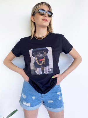 Key Moda Kadın Ayıcık Baskılı Tshirt Siyah