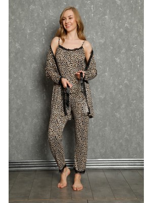 Moda Çizgi Kadın %100 Pamuk 3'lü Sabahlık Pijama Takım 16102