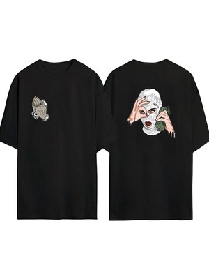 The Wert Ünisex Mask Baskılı Siyah Oversize Tshirt