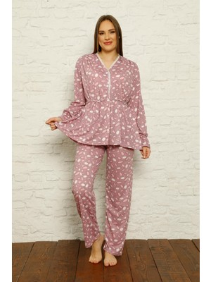 Moda Çizgi Kadın %100 Pamuk Penye Pileli Pijama Takım 17102