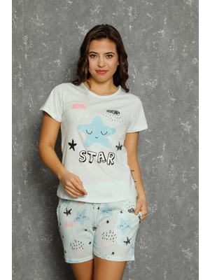 Moda Çizgi Kadın %100 Pamuk Penye Kısa Kol Şortlu Pijama Takım 3571