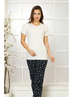 Moda Çizgi Kadın %100 Pamuk Penye Kısa Kol Pijama Takım 3466