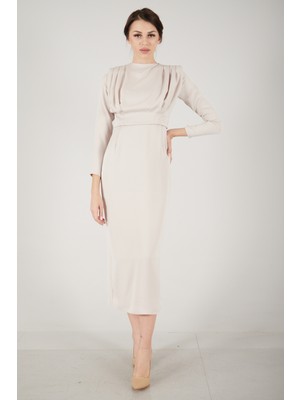 Feminist Bej Üzeri Pilise Detaylı Saten Tesettür Abiye Elbise 6502300.55