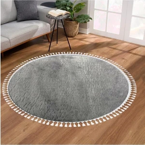 Saçaklı Tekli Yuvarlak Post Peluş Banyo Pas Pası Jel Kaymaz Taban  Gri  cm