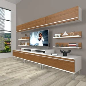 Ekoflex 8y Mdf Krom Ayaklı Tv Ünitesi Tv Sehpası - Beyaz - Ceviz